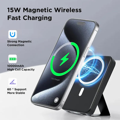 【Fathersdaygift】 10000Mah Magnetic Power Bank Wireless Portable Charger with USB-C Cable LED Display Foldable Battery Pack for Iphone17/ 16/15/14/13/12/Pro/Pro Max Series Charging Compact Silicone Black Chargeable Smartphone