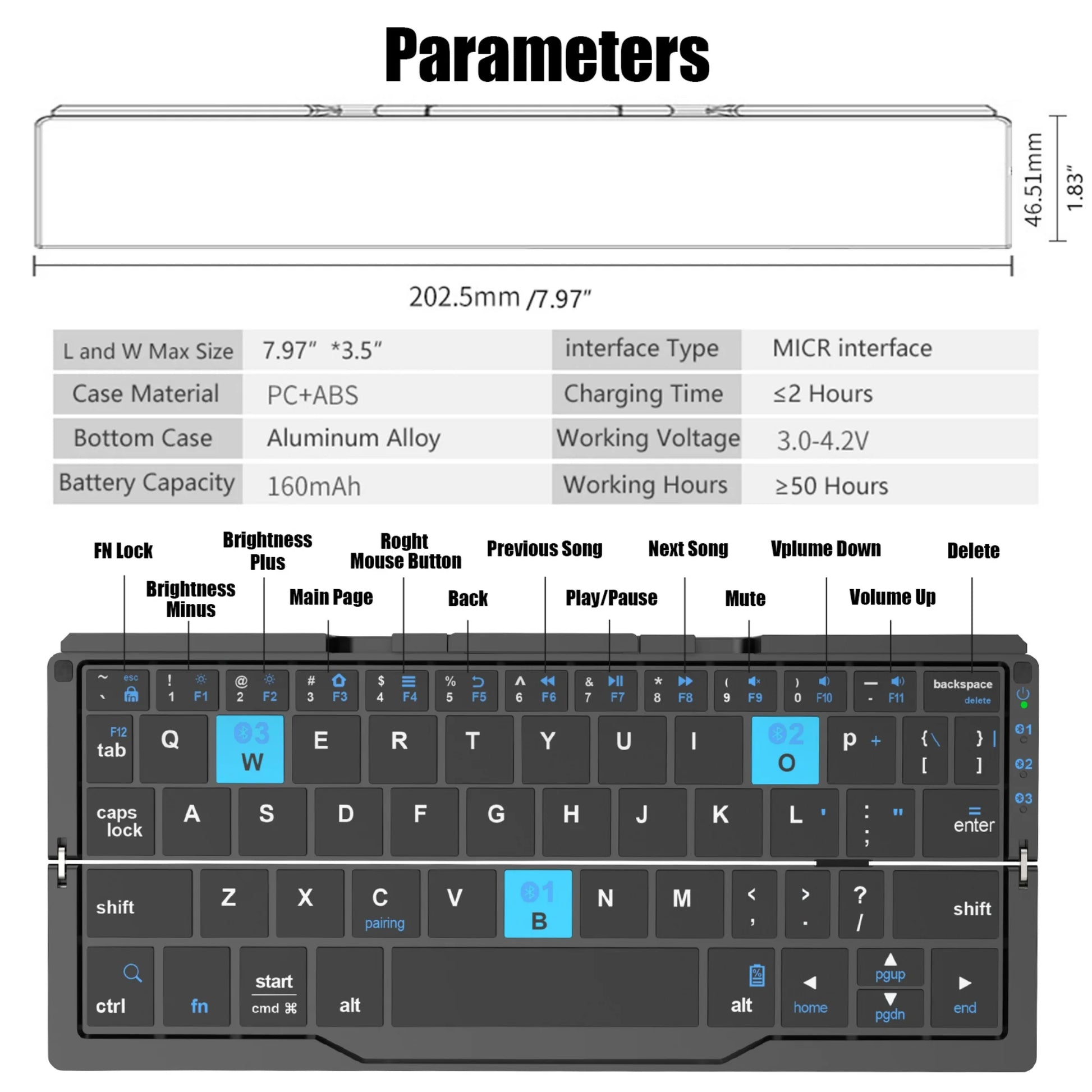 Foldable Bluetooth Keyboard with Magnetic Stand,Mini Keyboard for Tablet,Phones.Travel(Black）