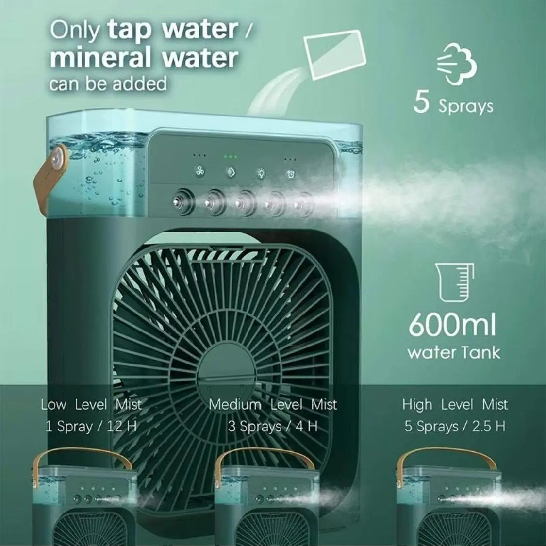 5-Hole Mist Cooling Multifunctional Misting Fan with 600ML Water Tank, 3 Mist Modes & 3 Speed Settings Fan with 7-Color LED Light, Portable Mini Fan for Desk & Outdoor Use