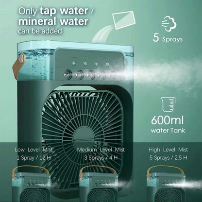 5-Hole Mist Cooling Multifunctional Misting Fan with 600ML Water Tank, 3 Mist Modes & 3 Speed Settings Fan with 7-Color LED Light, Portable Mini Fan for Desk & Outdoor Use