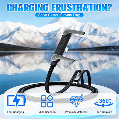 Sideways Phone Charger, 2 in 1 Invisible Holder Charger Cable, 240W Braided Fast Charge Cable with Built-In Phone Stand, 240W Fast Charging Cable for Smartphones Tablets