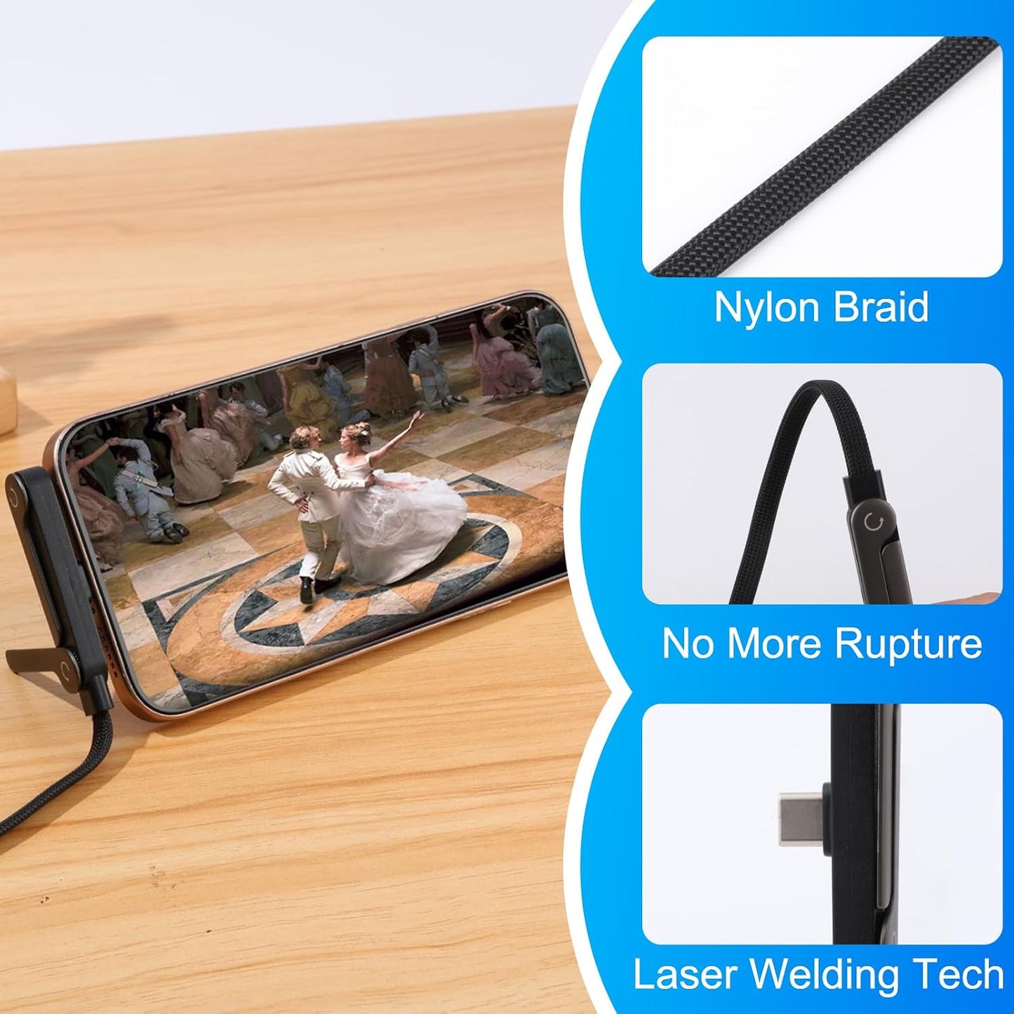 Sideways Phone Charger, 2 in 1 Invisible Holder Charger Cable, 240W Braided Fast Charge Cable with Built-In Phone Stand, 240W Fast Charging Cable for Smartphones Tablets