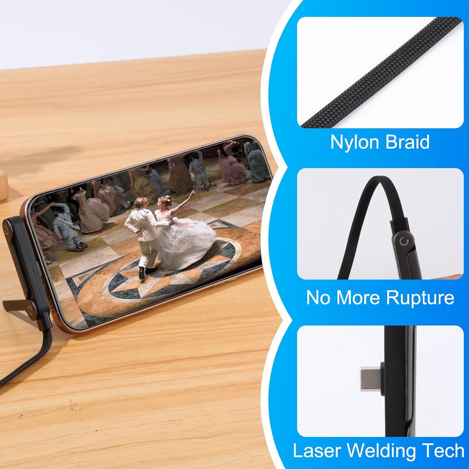 Sideways Phone Charger, 2 in 1 Invisible Holder Charger Cable, 240W Braided Fast Charge Cable with Built-In Phone Stand, 240W Fast Charging Cable for Smartphones Tablets