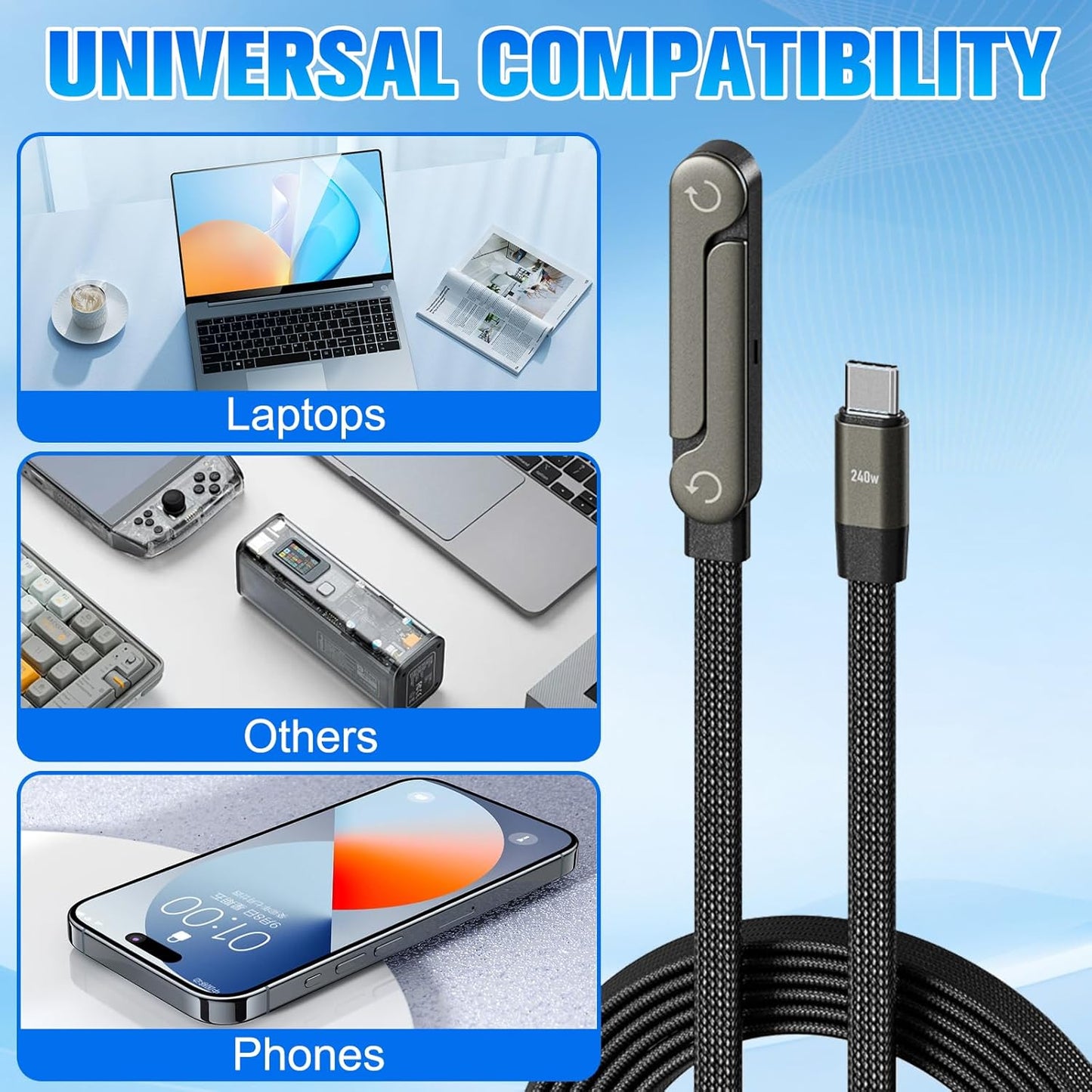 Sideways Phone Charger, 2 in 1 Invisible Holder Charger Cable, 240W Braided Fast Charge Cable with Built-In Phone Stand, 240W Fast Charging Cable for Smartphones Tablets