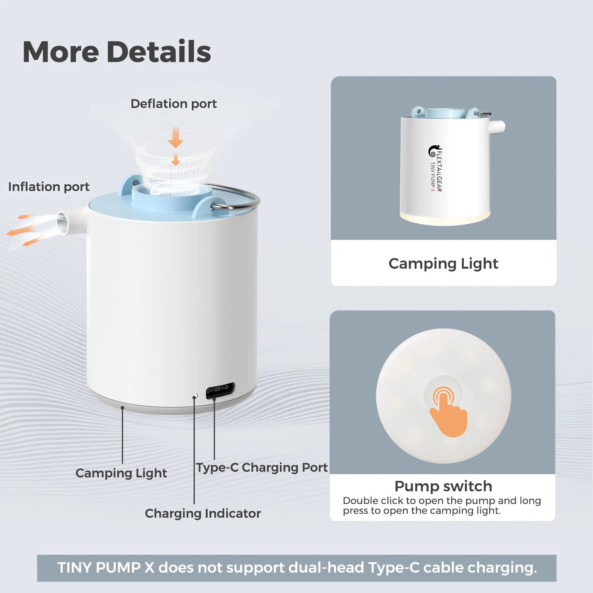 FLEXTAIL Portable Air Pump, Mini Camping Pump with Light, USB-C Charging, Ideal for Sleeping Pads, Air Bed Mattress, Vacuum Bags