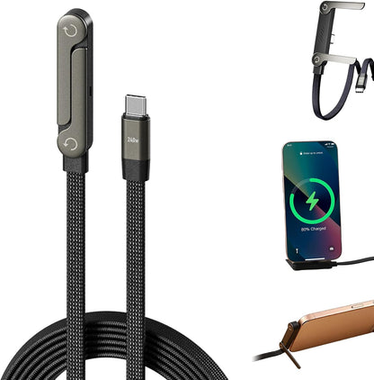 Sideways Phone Charger, 2 in 1 Invisible Holder Charger Cable, 240W Braided Fast Charge Cable with Built-In Phone Stand, 240W Fast Charging Cable for Smartphones Tablets
